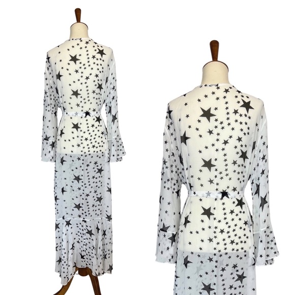 Boho White Chiffon with Black Stars Kimono Duster Beach Coverup - Picture 13 of 16